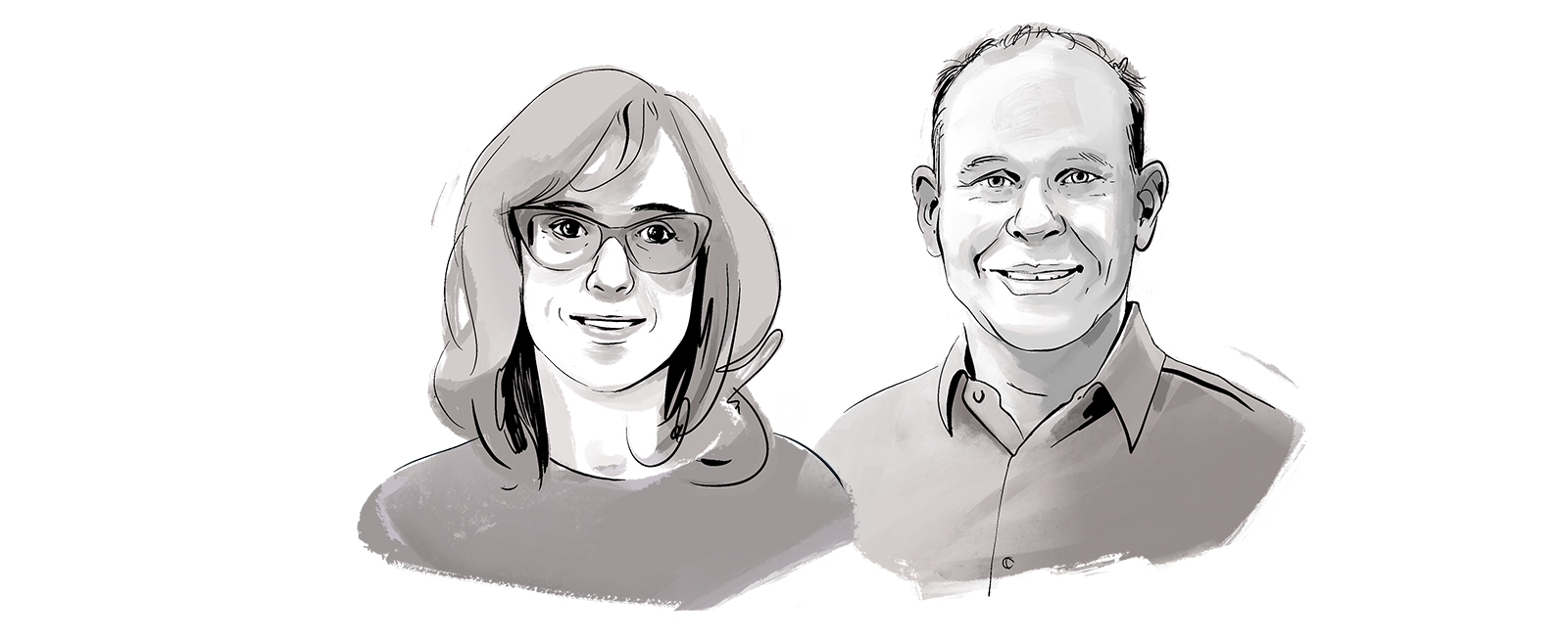 Portraitzeichnung Prof. Fauser und Prof. Geyer in Schwarz-Weiß