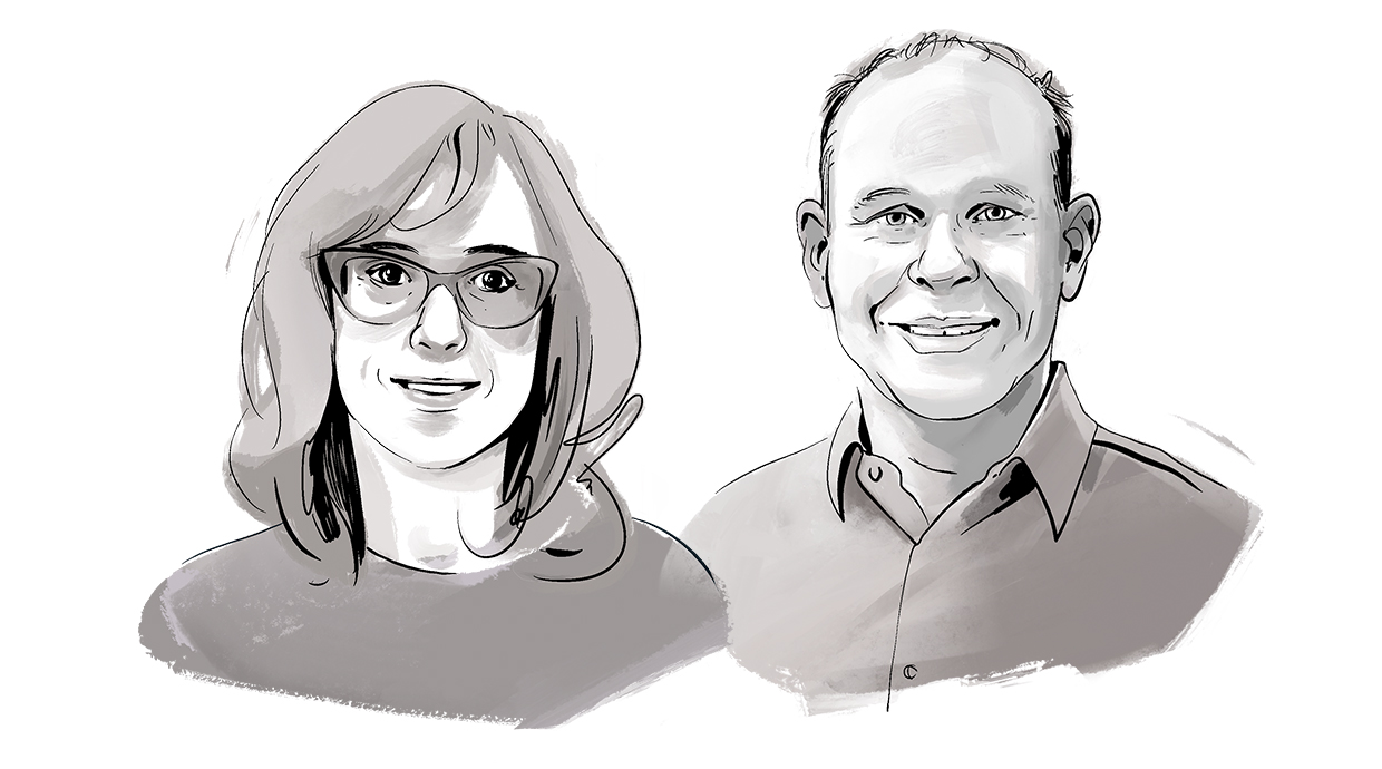 Portraitzeichnung Prof. Fauser und Prof. Geyer in Schwarzweiß