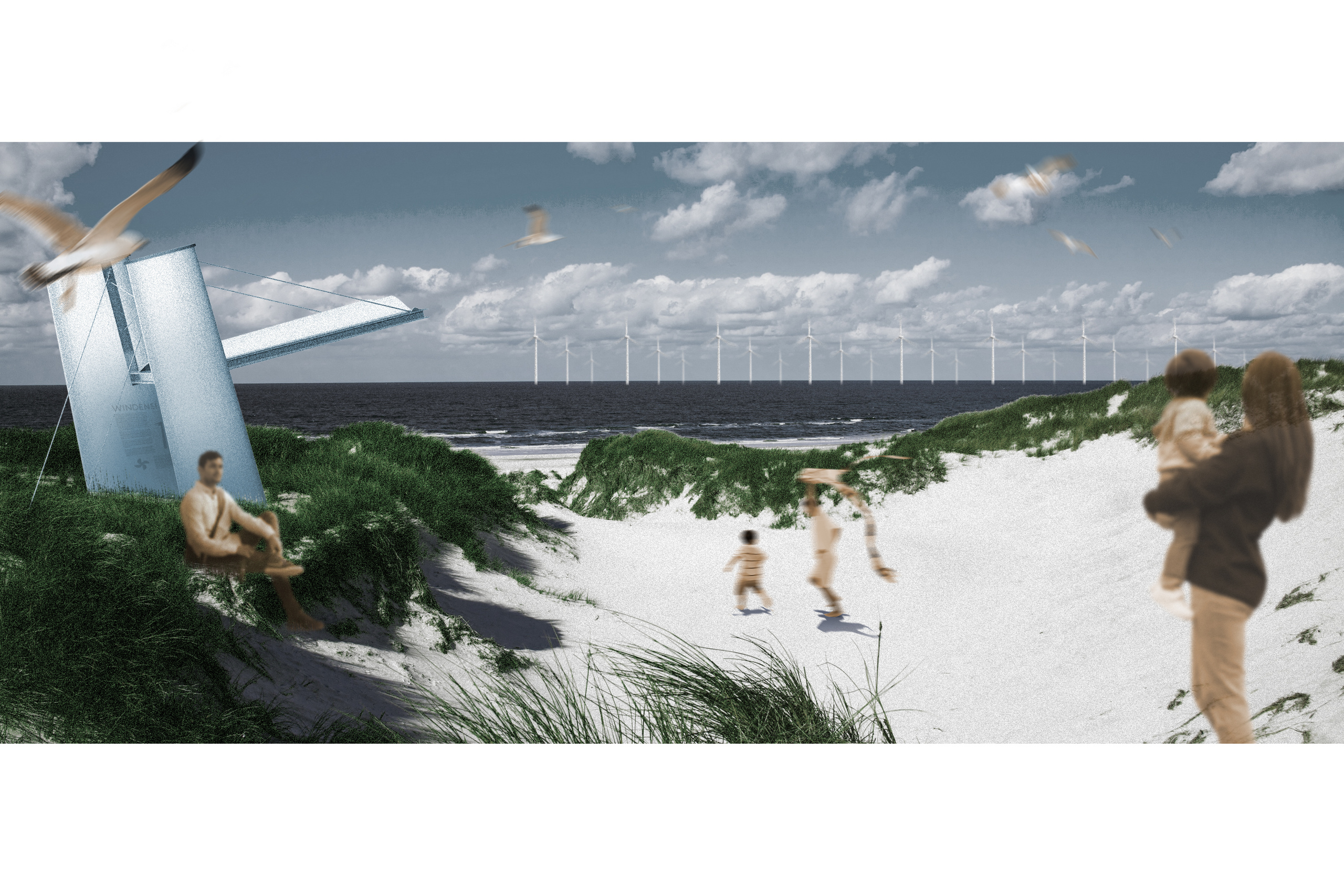 Rendering eines Infopavillons am Strand