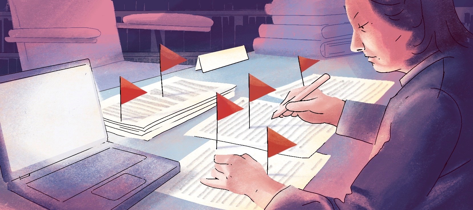 Illustraiton: Mensch am Schreibtisch beugt sich über einen Text, im Text sind Formulierungen mit roten "Warnflaggen" markiert. 