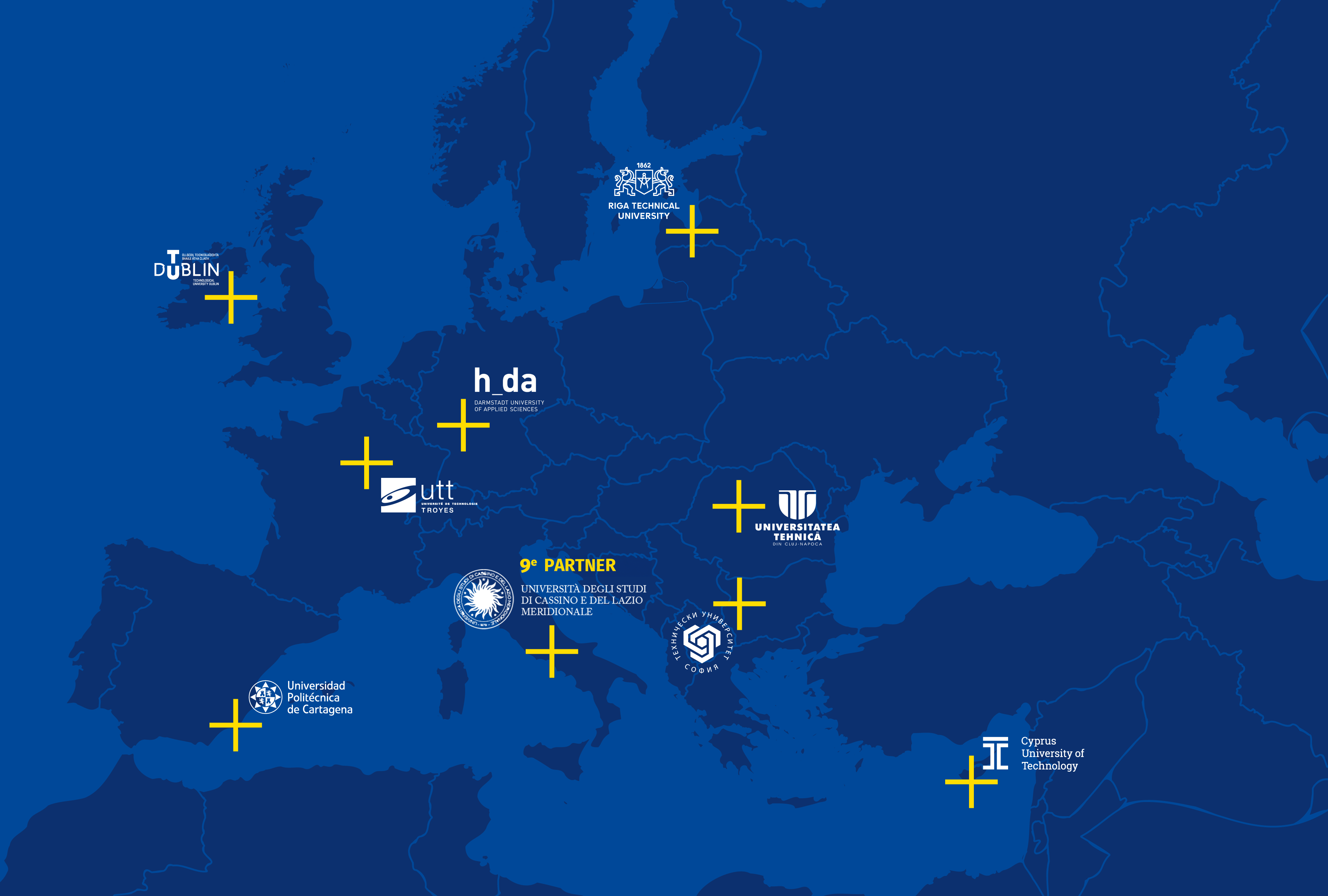 Europalandkarte in Blau, darauf sind die EUT+-Standorte gelb markiert