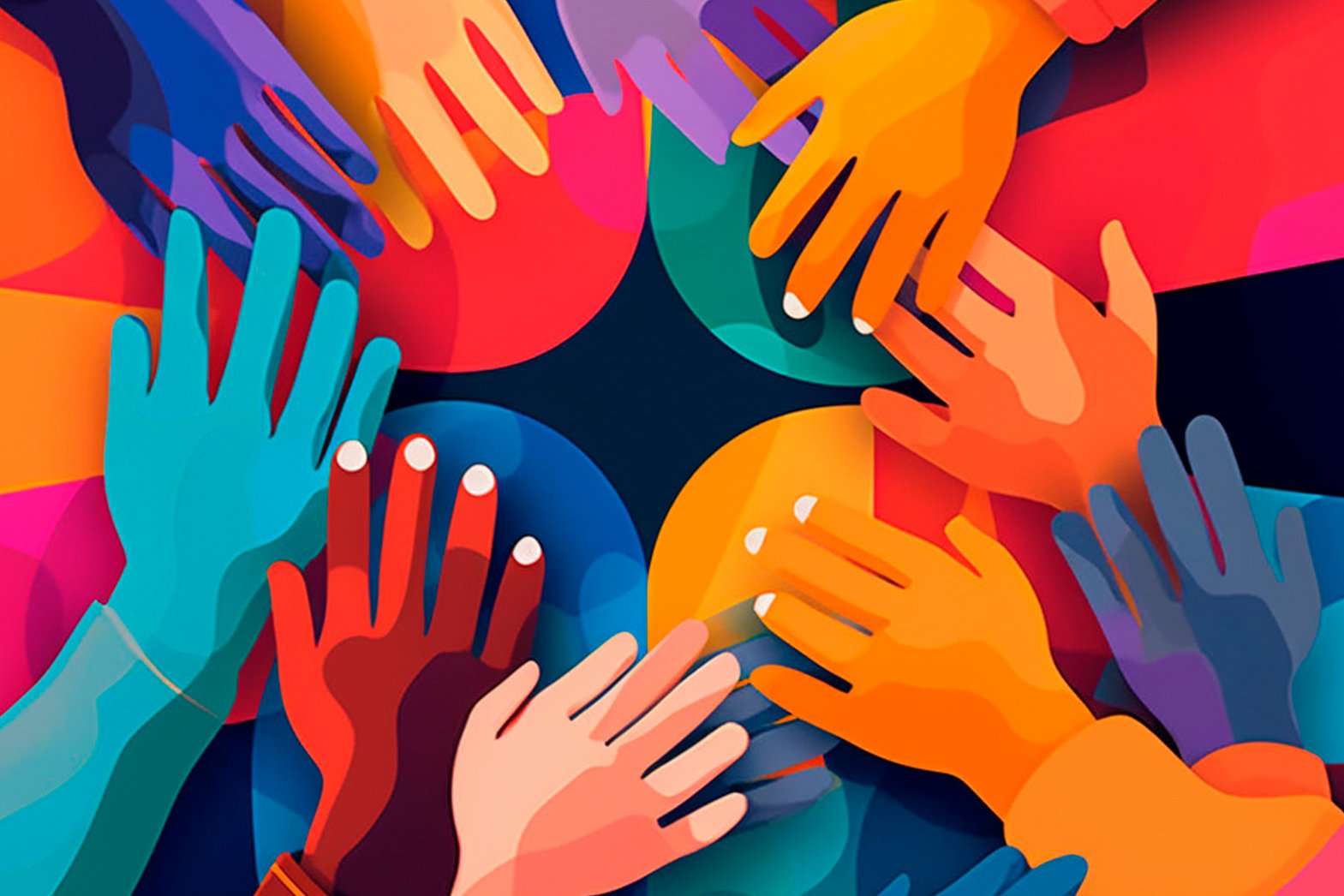 Viele sich berührende Hände, bunte Grafik