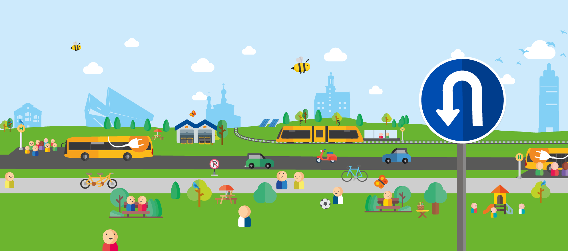 Grafik mit Darmstadt Skyline und vielen verschiedenen Fahrzeugen