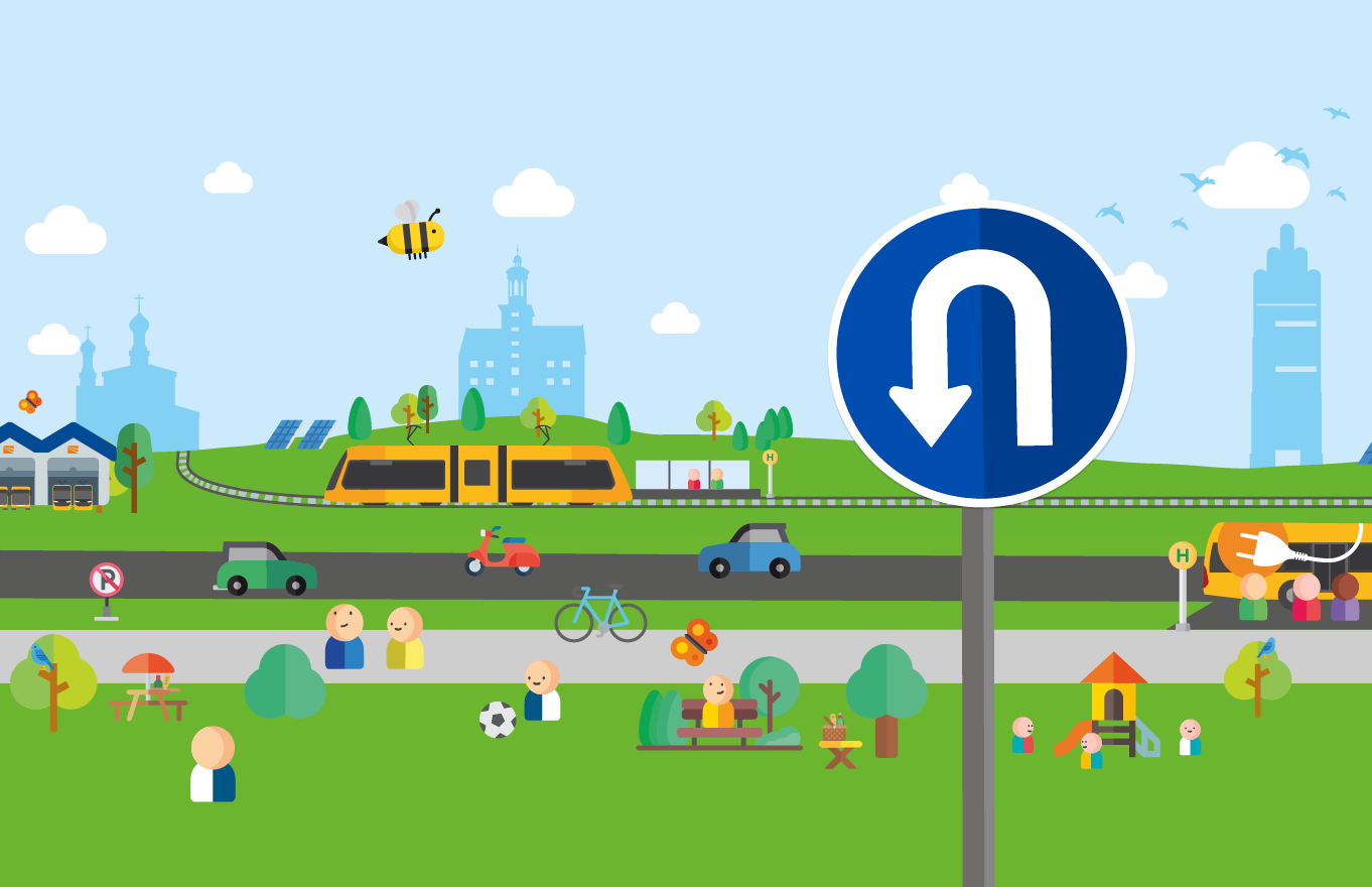 Grafik mit Darmstadt Skyline und vielen verschiedenen Fahrzeugen