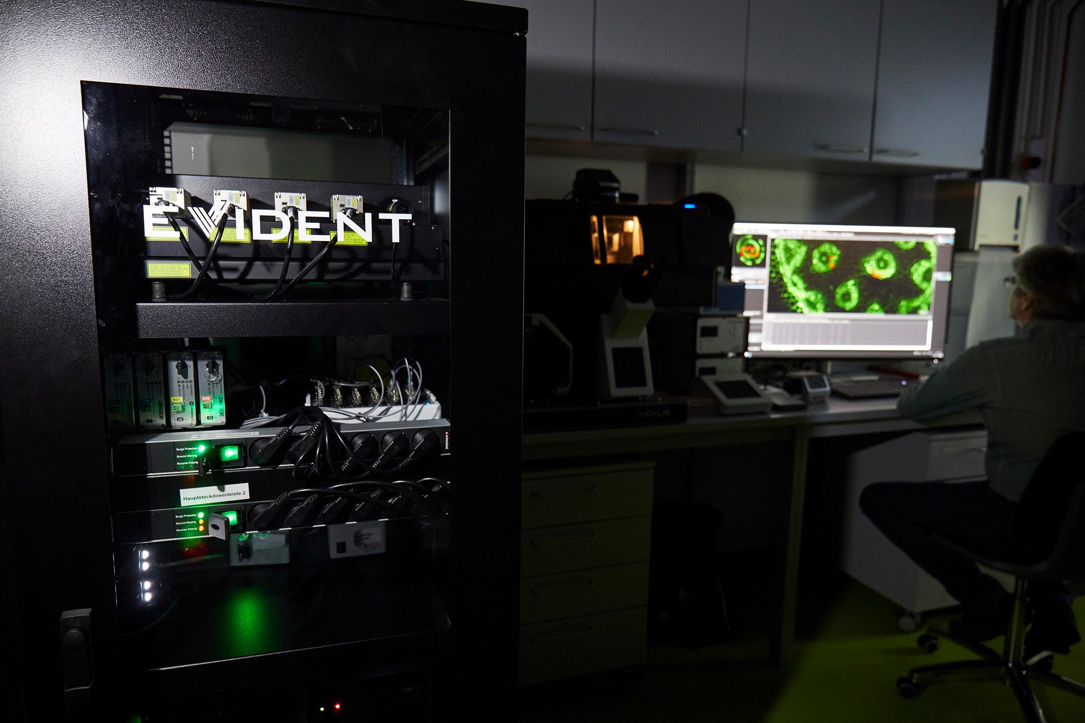 Lab with microscope and computers