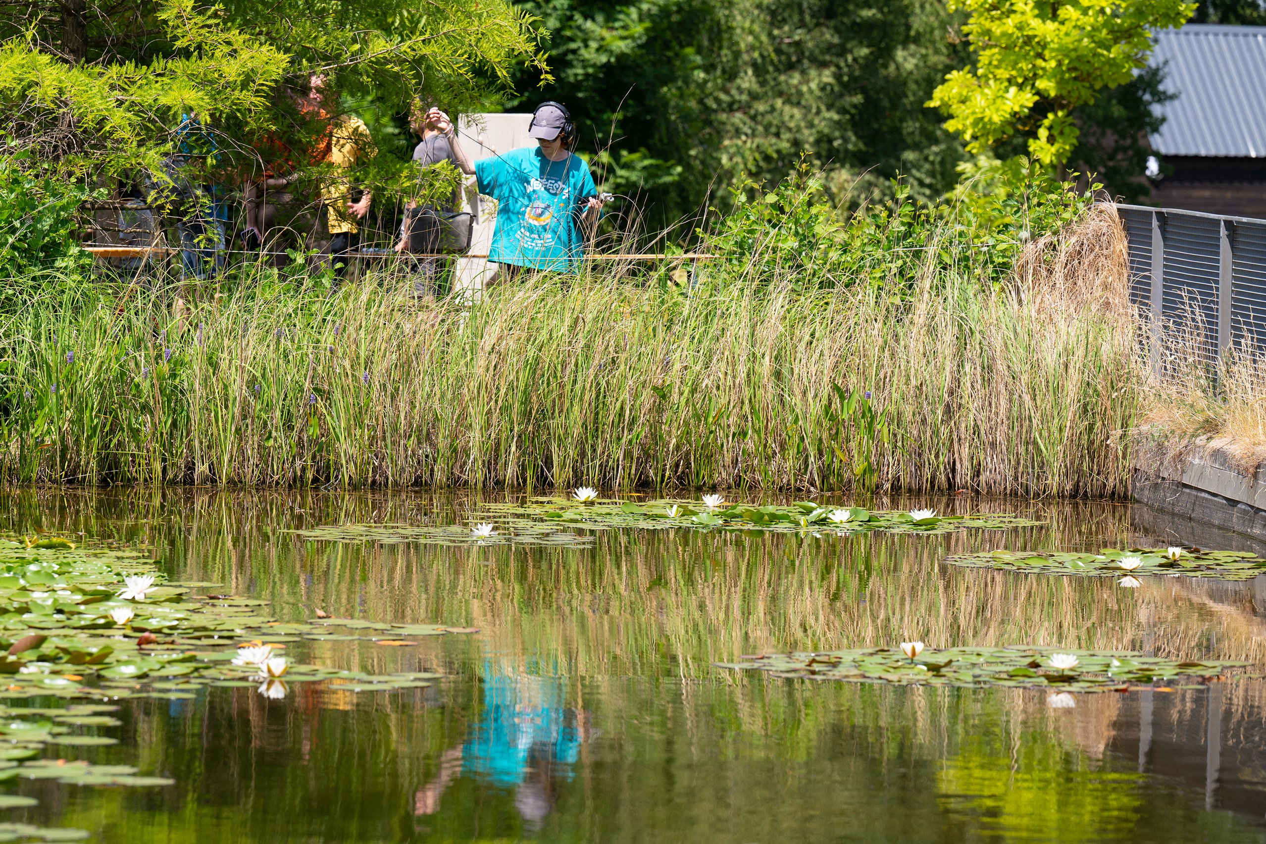 Liv Hesse verlegt ein Kabel am Teich 