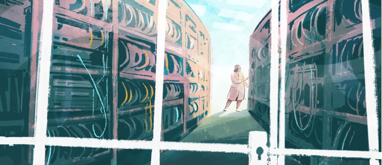 Illustration einer Person zwischen hohen Archivregalen