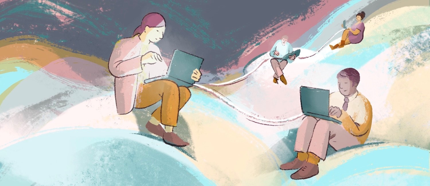 Illustrtaion Lesende und Studierende Menschen auf "Datenhügeln"